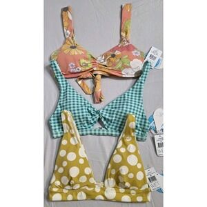 WET Swimwear Bikini Tops‎ Floral Polka Dot Check Graham Tie Straps Womans Sz M